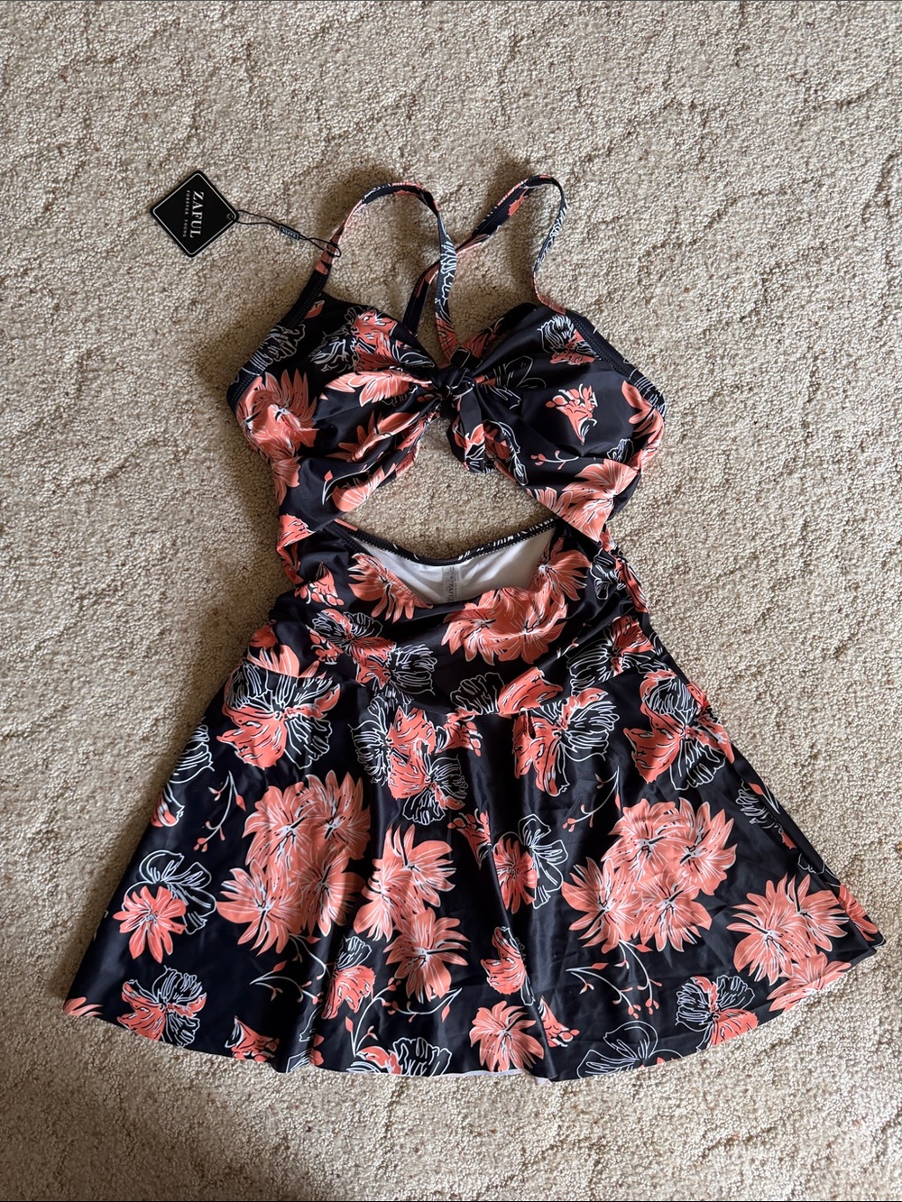 Zaful Black and Coral Floral Cutout Swimdress. M-Lg.